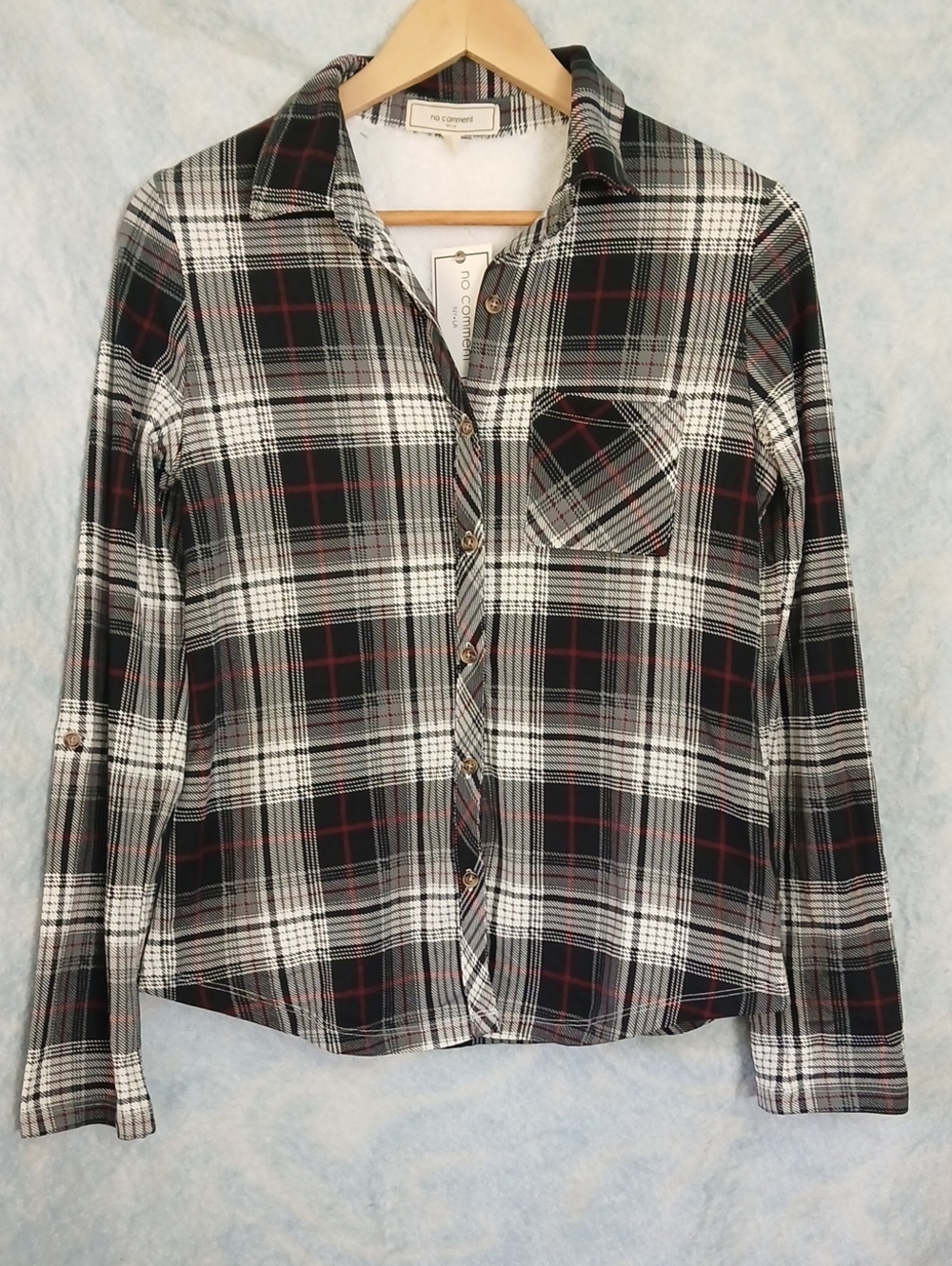 No Comment Black White Plaid Button-Up Shirt Fleece Back Lining Womens Sz M